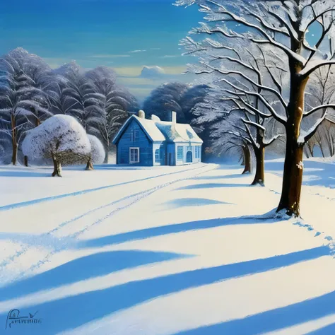 a painting of a snowy landscape with trees and a house, winter painting, snow landscape, winter landscape, winter scene fantasy, snowy landscape, wintery scene, winter scene, pastel art, snow scene, in winter, winter landscape outside, inspired by Arthur B...