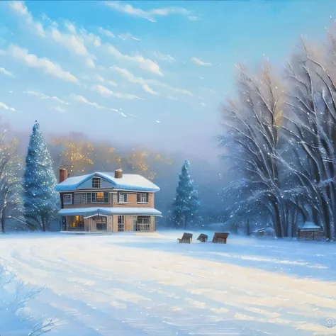 a painting of a snowy landscape with trees and a house, winter painting, snow landscape, winter landscape, winter scene fantasy, snowy landscape, wintery scene, winter scene, pastel art, snow scene, in winter, winter landscape outside, inspired by Arthur B...