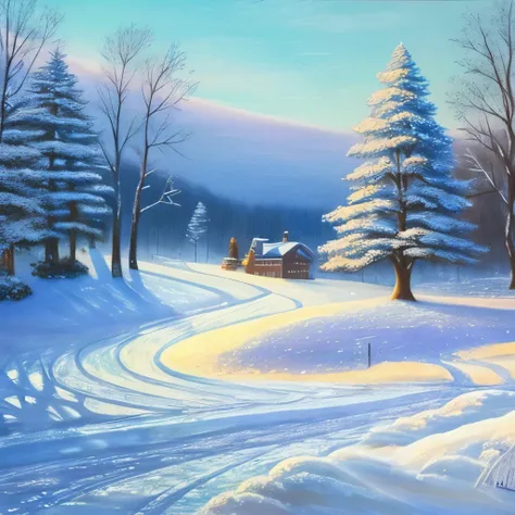 a painting of a snowy landscape with trees and a house, winter painting, snow landscape, winter landscape, winter scene fantasy, snowy landscape, wintery scene, winter scene, pastel art, snow scene, in winter, winter landscape outside, inspired by Arthur B...