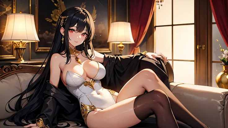  Diamond jewelry shines beautifully 、 Sexy and sophisticated Japanese woman 。 Seductive almond-shaped eyes 、 long, glossy black hair 、 Shining Beautiful Skin、 Seductive almond-shaped eyes 。 Chandelier light shines golden 、 Standing against the night view i...