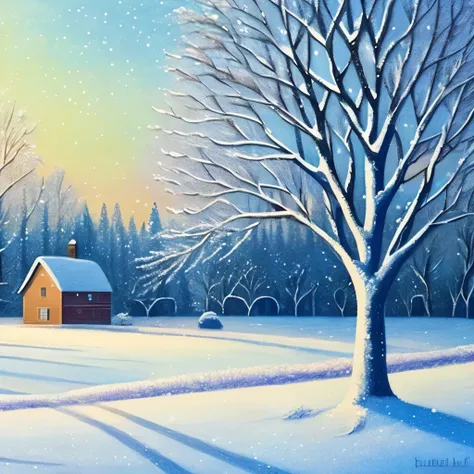 a painting of a snowy landscape with trees and a house, a pastel inspired by Arthur Burdett Frost, flickr, naive art, winter painting, snow landscape, winter landscape, winter scene fantasy, snowy landscape, wintery scene, pastel art, winter scene, snow sc...