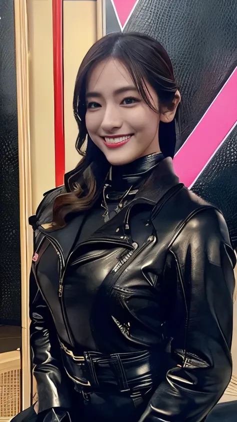 glossy black leather biker jacket, Black leather gloved fingertips on both hands,Wearing black leather gloves,Sitting in a black leather chair、 Japanese female new recruits (Black leather gloves cover both hands) (The angle is horizontal)、Black Leather Pan...