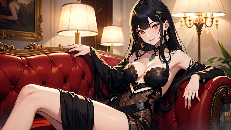  Diamond jewelry shines beautifully 、 Sexy and sophisticated Japanese woman 。 Seductive almond-shaped eyes 、 long, glossy black hair 、 Shining Beautiful Skin、 Seductive almond-shaped eyes 。 Chandelier light shines golden 、 Standing against the night view i...