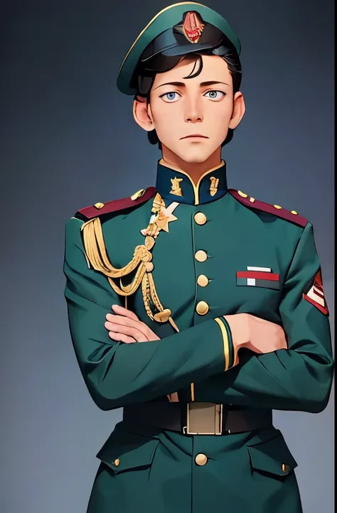 anime image of a man in uniform standing with his arms crossed, in a soldier uniform, in military uniform, roman shipunov, wearing a military uniform, wearing military uniform, tall anime guy with blue eyes, shuushuu anime image, in the anime film, delicat...