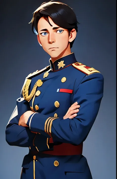 anime image of a man in uniform standing with his arms crossed, in a soldier uniform, in military uniform, roman shipunov, wearing a military uniform, wearing military uniform, tall anime guy with blue eyes, shuushuu anime image, in the anime film, delicat...