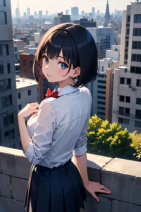  Japanese、 1 girl、 cute、 looking at camera、( short hair:1.2、 bob cut from behind:1.2、 Hair)、 Slim、(( navy blazer、White collared shirt、 navy pleated skirt))、 dark red bow tie with cufflinks 、Earrings、( beautiful landscape)、(City)