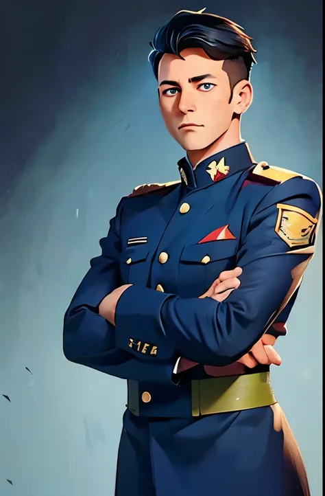 anime image of a man in uniform standing with his arms crossed, a character portrait inspired by Ryūsei Kishida, trending on pixiv, socialist realism, in a soldier uniform, in military uniform, roman shipunov, wearing a military uniform, wearing military u...