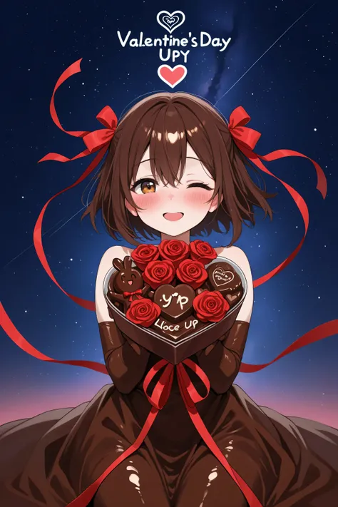 Girl-shaped chocolate, chocolate skin, ribbon dress,  Ribbons wrapped around the body, Floating in space , chocolate  body, girl of chocolate, chocolate human, chocolate hair, Chocolate sculpture, flying heart, smile face, closed one eye, open mouth, blush...