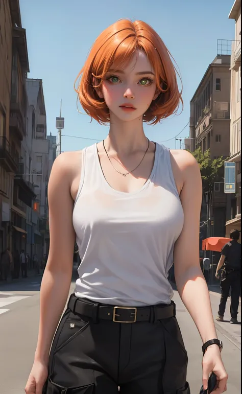 (absurdres, highres, ultra detailed, realistic), 1girl, adult, mature, ginger hair, short hair, green pupils, white tanktop, lichtenberg figure, cargo pants, black belt, looking front, neutral face, city background