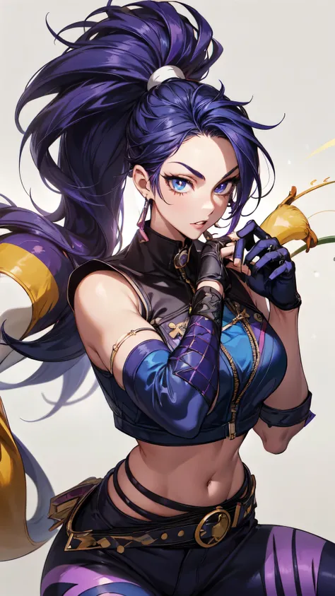 best quality,masterpiece,8potassium wallpaper,absurd, high resolution, Super detailed, (1 beautiful young girl, Solitary:1.1),potassium/and (League of Legends),(Spotassiumull Maspotassium:1.3),  Sharp eyes,navel,fingerless gloves, cropped jacpotassiumet,ja...