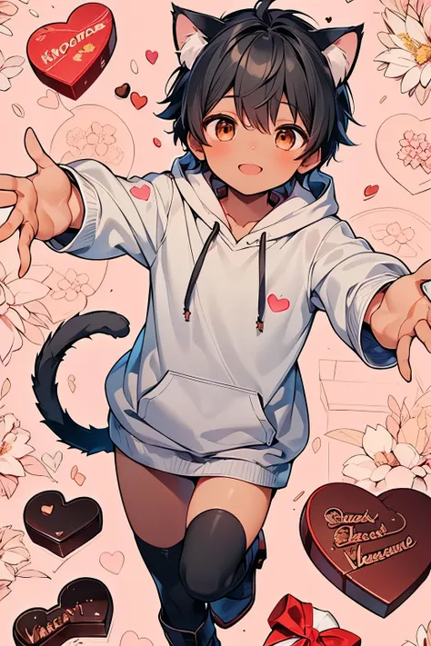 ((A boy:1.3)),((handsome:1.3)),((solo:1.3)),((black hair:1.25)),((short hair:1.25)),((brown eyes)),(light step:1.0),(beige long sleeves cat ears hoodie:1.1),(long sleeve lace-shirt:1.1),(outstretched arms:1.1),//,((Flower garden and heart pattern backgroun...