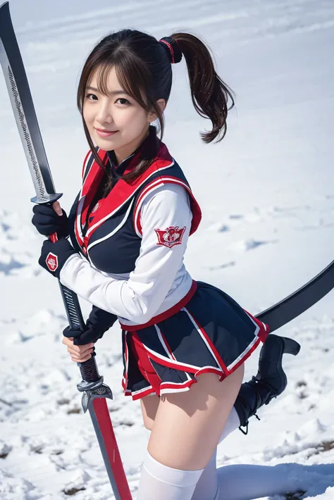 ((highest quality)), (be familiar with), perfect face, Japanese, 35yo, smile, Full body Esbian:1.5, big breasts:1.5, Woman warrior:1.5, cheerleading uniform armor:1.5, adventurer, Knee-High Socks, huge sword, huge sword, huge sword, Huge Gun, Sony FE GM, f...