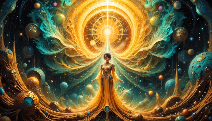A serene, yet captivating digital artwork, blending the paradoxical harmony of chaos and order, reminiscent of the surrealist masterpieces of Salvador Dali, H.R. Giger, and Zdzisław Beksiński. A luminous, otherworldly female figure, draped in a flowing, di...