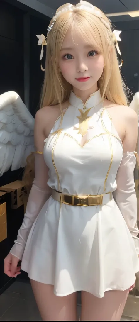 Pure angel idol girl（ blonde hair）、A pure girl's face、 hypo、 Angel Covered Tight Mini Dress（ Platinum White and Gold 、、angel decoration belt、、Glowing angel wings、