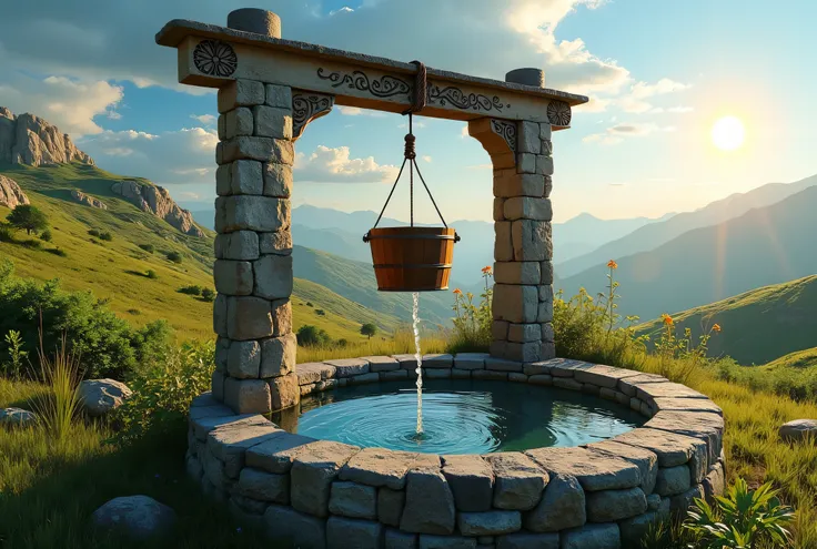 A grand, ancient water well nestled in a serene, peaceful landscape. The well is made of rough-hewn stone, weathered by time, with intricate carvings of floral patterns adorning its surface, showcasing the work of skilled artisans from a bygone era. The we...