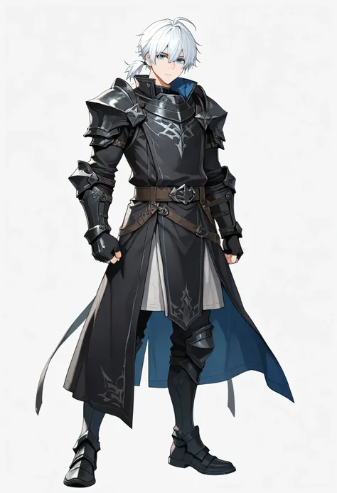 1boy, ((full_body)), male_focus, armor, solo, shoulder_armor, gloves, fingerless_gloves, pauldrons, white_background, belt, vambraces, simple_background, black_gloves, closed_mouth, blue_eyes, white_hair, hair_between_eyes, looking_at_viewer, standing, gau...