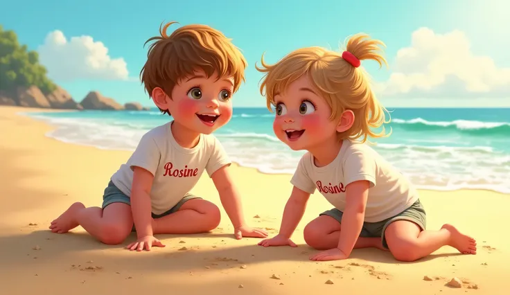 Create a picture of two two-year-old ren, a girl and a boy, playing on the beach, happy with the golden sand and the gentle waves of the sea, wearing T-shirts with the word rosine written on them