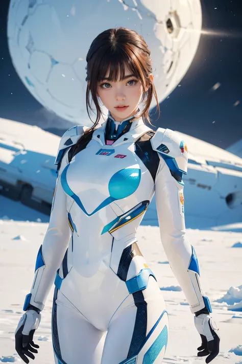 1 girl, Lovely, Ice and Snow World, alone, skinny, wind, Mecha suit, whole body, pretty face, Decorated with intricate patterns and delicate lines, Mecha suit