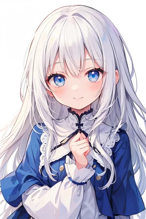 White hair girl wth blue eyes.white background ,High Resolution, 1girl, Smile, Looking at viewer, Long Hair,