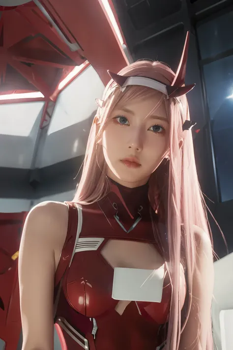 dynamic angle,ultra-detailed, illustration, straight on, 1girl, ((Zero two, interface headband with a pair of horns, red bodysuit:1.4, pink hair)), Her eyes shone like dreamy stars,(glowing eyes:1.233),(beautiful and detailed eyes:1.1),(expressionless, clo...