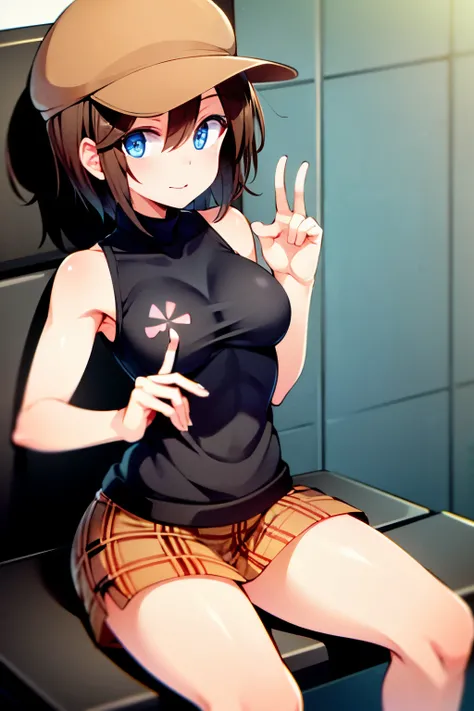   Masterpiece ,    top quality,    absurd,   ( in the seat , Helga Haruka   ,    blue eyes,    brown hair at the gym,    short hair ,  Brown hat,   black sweater  ,  Sleeveless Turtleneck,  plaid skirt,v sign)  ,   (   Middle-Aged Man 1  ,  perfect anatomy...