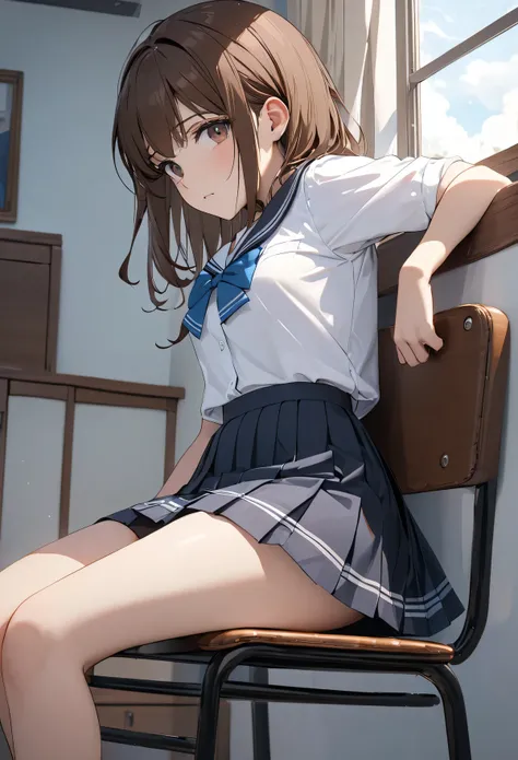  top quality, (8k,  top quality,  masterpiece:1.2), Hyper details, a girl in a skirt and dress leaning back on the back of a chair,  1girl , Alone, window, skirt, school uniform, brown hair, panties, underwear, indoors