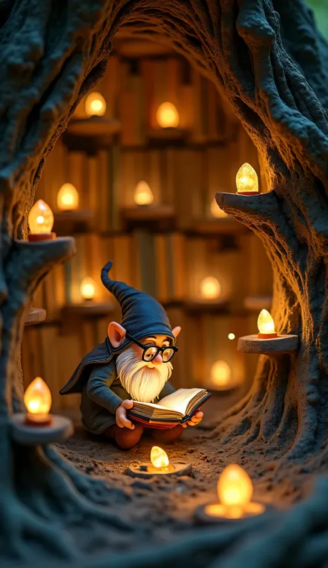 
Hidden deep within the roots of an ancient tree, a glowing library filled with tiny floating books holds the wisdom of the gnome civilization. Tiny gnome scholars, wearing oversized spectacles, flip through enchanted tomes with pages that shimmer like liq...