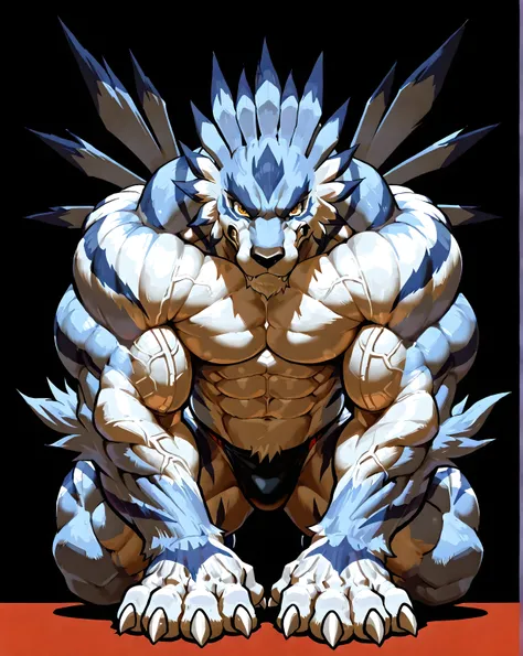 4k ultra quality, 4k, masterpiece quality, garurumon, big garurumon, wrestling theme, bulging arms, bulging muscles, stern, angry, anthro, muscular, male, solo, looking at viewer