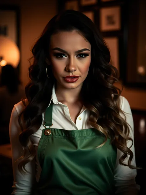  The image shows a large portrait of a beautiful woman, barista, smiling at the viewer . she has plump lips, colored with bright red lipstick .  A very bright eye makeup was also made, , large false eyelashes were applied .
 The woman looks at the viewer w...