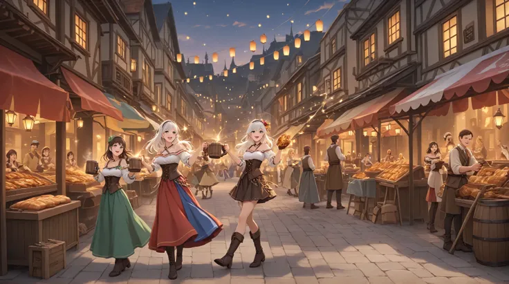 *"A lively medieval village square at dusk, glowing under the warm golden light of lanterns and torches. The air is filled with laughter, music, and the rhythmic sound of dancing feet on cobblestone streets. Townsfolk celebrate joyfully, clinking wooden mu...