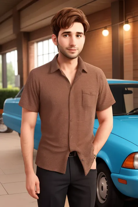 a 30-year-old man,  car blouse with short brown hair,it&#39;s made of diamonds, rigorous look, and brown eyes, Wearing white shirt with tie and glasses.