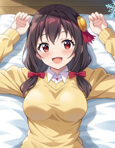  high image quality, high quality、 
Yunyun、  black hair,  hair accessories,  red eyes, ,  braided, crown  braided,
( yellow sweater:1.2)、 view viewer、(blush)、(A pleasant smile)、( I lie down in a large shape on fresh snow)、( I can see my whole body:1.2)、spr...