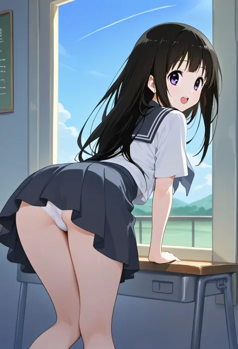 rating_safe,  score_9,  score_8_ up,  score_7_ up,  source_Anime,  masterpiece,  top quality, Alone,  1 girl, (Hyouka no Chitanda Eru  ,  Hyouka's school uniform), ( She is standing leaning forward,  look back,  Showing View from Behind ), Racecourse, whit...