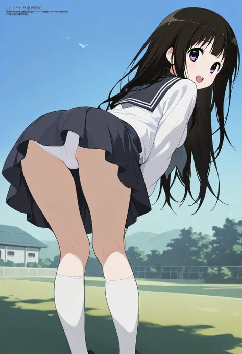 rating_safe,  score_9,  score_8_ up,  score_7_ up,  source_Anime,  masterpiece,  top quality, Alone,  1 girl, (Hyouka no Chitanda Eru  ,  Hyouka's school uniform), ( She is standing leaning forward,  look back,  Showing View from Behind ), Racecourse, whit...