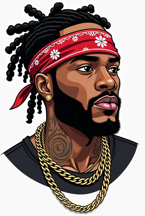 a cartoon drawing of a man with braids wearing a bandana, vector art by Bascove, trending on cg society, afrofuturism, wearing a bandana and chain, bandana, hip hop aesthetic, ski mask, xxxtentacion, crips, raggae art, beautiful artwork, cool face, travis ...