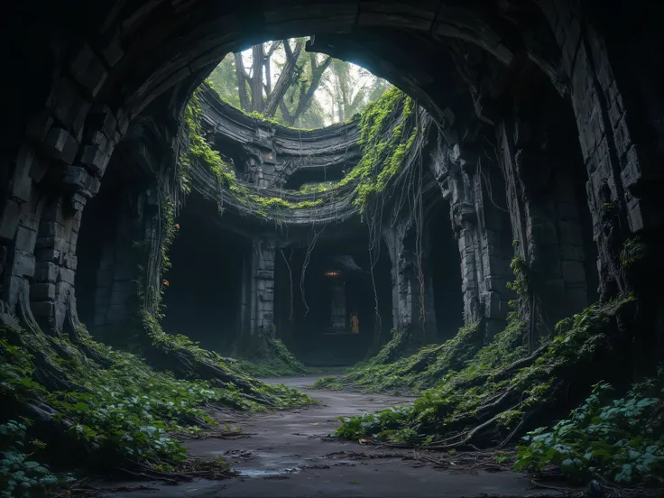 dungeons, Inside is a primeval forest, Aztec Ruins,  gloomy atmosphere ,  has no life.,  Realistic,  Masterpieces, movies,  clear detail,  8k resolution.