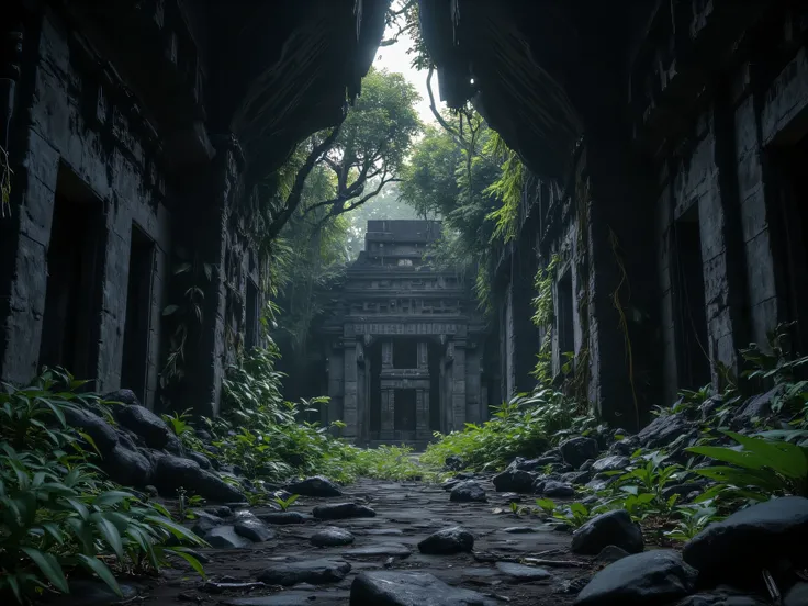 dungeons, Inside is a primeval forest, Aztec Ruins,  gloomy atmosphere ,  has no life.,  Realistic,  Masterpieces, movies,  clear detail,  8k resolution.