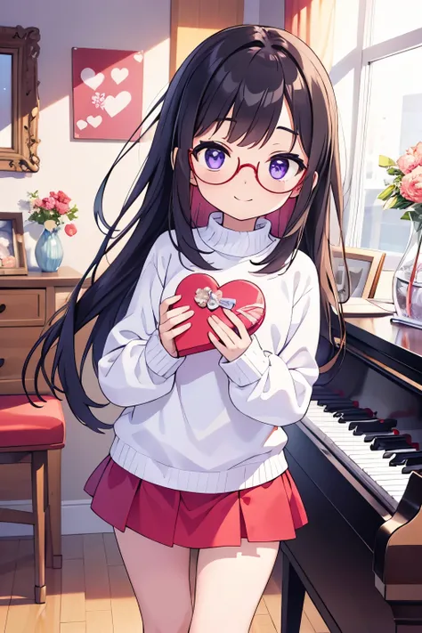 （（（I'm holding a box with a red ribbon with both hands and holding it here））））　Holding a heart-shaped Valentine's Day chocolate　 flat chest black hair straight long hair bangs 7：3 splits （（ forehead is sticking out in front of the piano））  purple eyes roun...