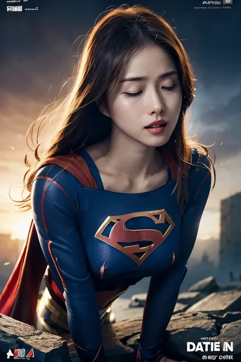  Supergirl,  movie poster , Movie title: "Death of  Supergirl",  Defeated in battle with a powerful enemy 、 he's lying on his back to the ground. （ falls backwards）,  feeling tired ,  A tragic tone ,  Decorated in dark, gloomy colors  ,  Supergirl has her ...