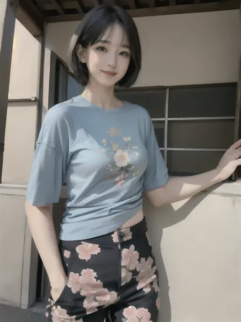 357 (20-year-old woman),( short hair), ( High Definition Photos ), (smile), (Floral T-shirt), ( long pants that float inside)