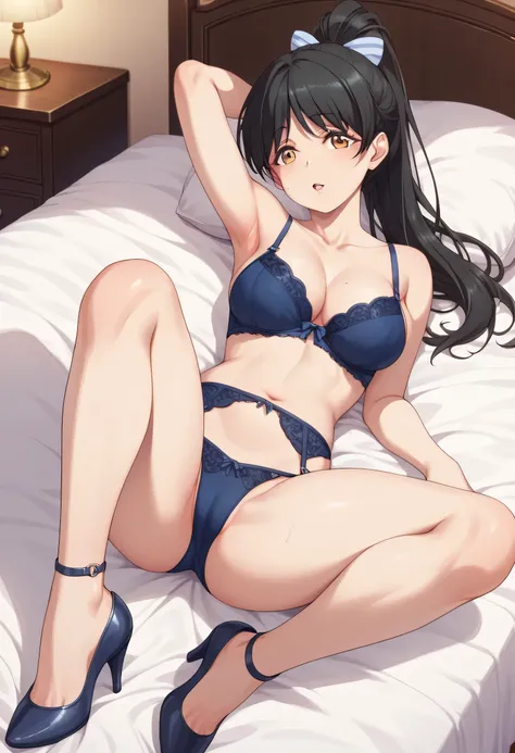  An image of Ren Hazuki with long black hair and ponytail, wearing hot blue lingerie and heels in a hotel room posing erotically lying in bed,  ready to make love.