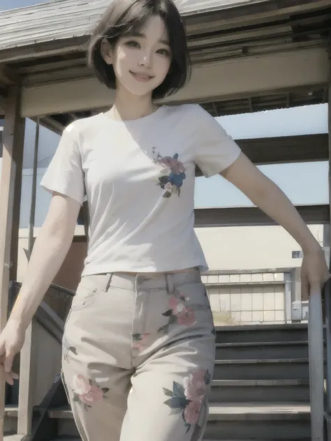 357 (20-year-old woman),( short hair), ( High Definition Photos ), (smile), (Floral T-shirt), ( long pants that float inside)