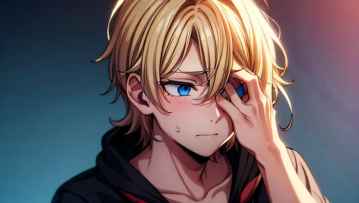 boy:  His tangled blond hair hangs down as he bows his head,  blue eyes hidden in the dark ,  filled with pain . 
