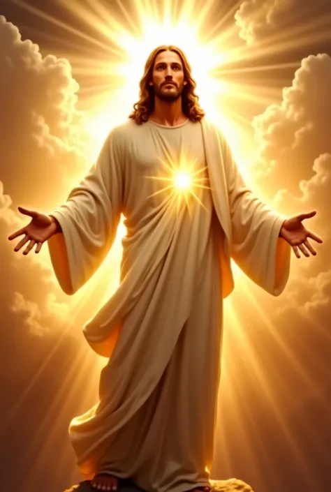 " A realistic and majestic image of Jesus Christ in all His glory .  He is shrouded in a radiant heavenly light ,  with a golden glow emanating from His presence .  Your face conveys serenity , love and wisdom,  with deep eyes that reflect infinite compass...