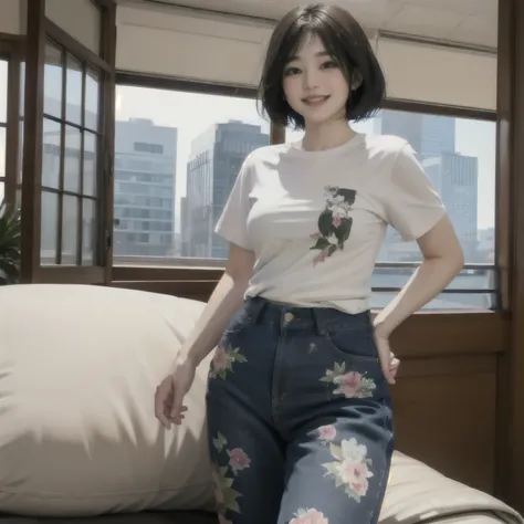 357 (20-year-old woman),( short hair), ( High Definition Photos ), (smile), (Floral T-shirt), ( long pants that float inside)