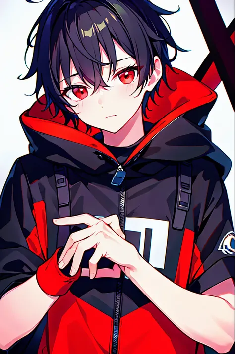 [(WHITE BACKGROUND:1.5),::5], ((((masterpiece)))), high quality, ultra_very_high_resolution, large_filesize, ((upper body)), (red base), full color, (solo), ((little younger boy)), ((men's black short hair)), red eyes, anime, neon light, black parka,