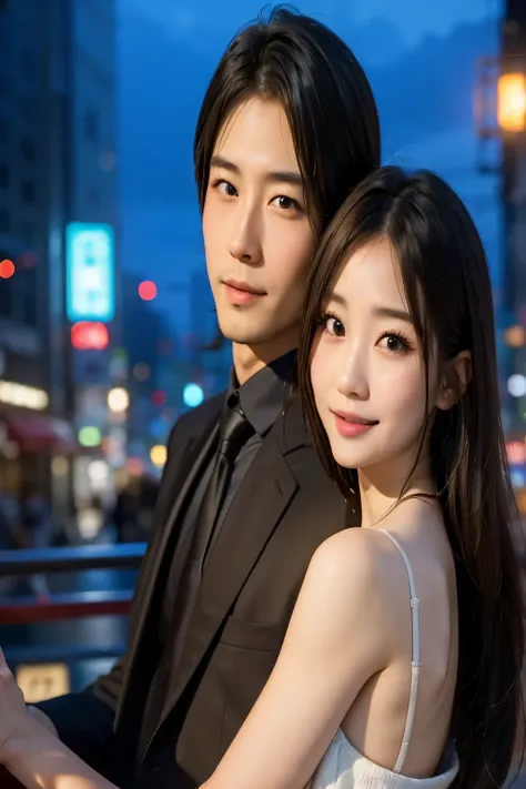 Two Japanese people, one man, one woman, on a date, looking happy, cuddling, looking close, looking at camera, very accurate image, image needs to be detailed and clear Yes, (background is night, cityscape, neon city, urban landscape), (best quality, 8K, 3...