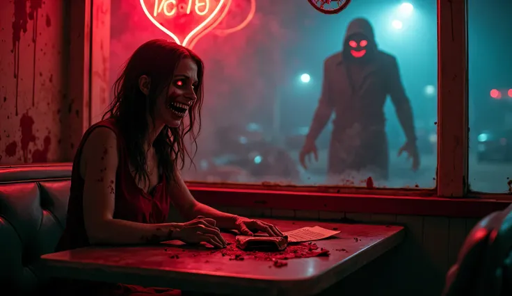 *"A nightmarish, abandoned diner at midnight, bathed in an eerie red glow from a flickering neon sign. The inside is dimly lit, with **blood-streaked walls** and overturned chairs. In the foreground, a **terrifying ghostly woman in a tattered, blood-soaked...