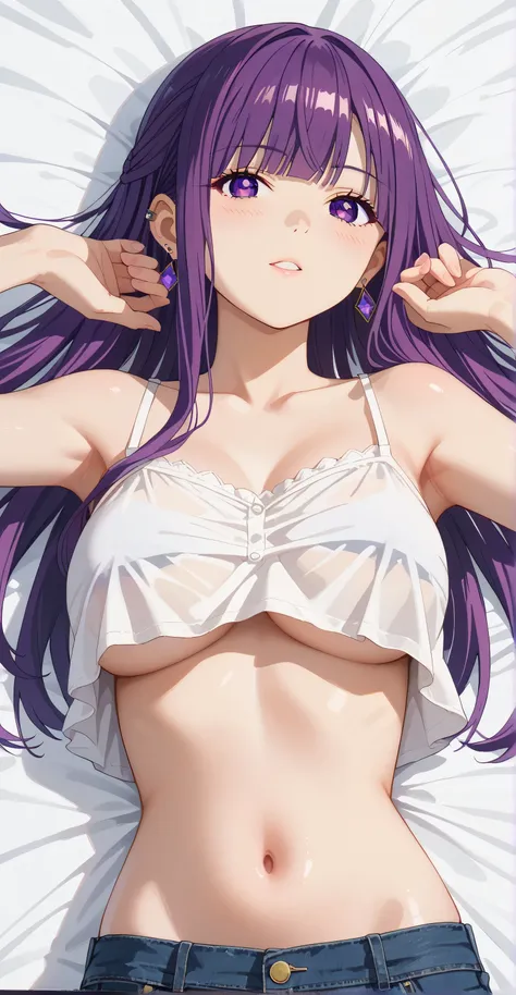 Fern, purple hair, long hair, purple eyes, earrings, ear piercing, multicolored hair, score_9, score_8_up, score_7_up, source_anime, masterpiece,best quality, medium breasts, flash gyaru, ((white Camisole, crop top overhang, showing underboobs, transparent...