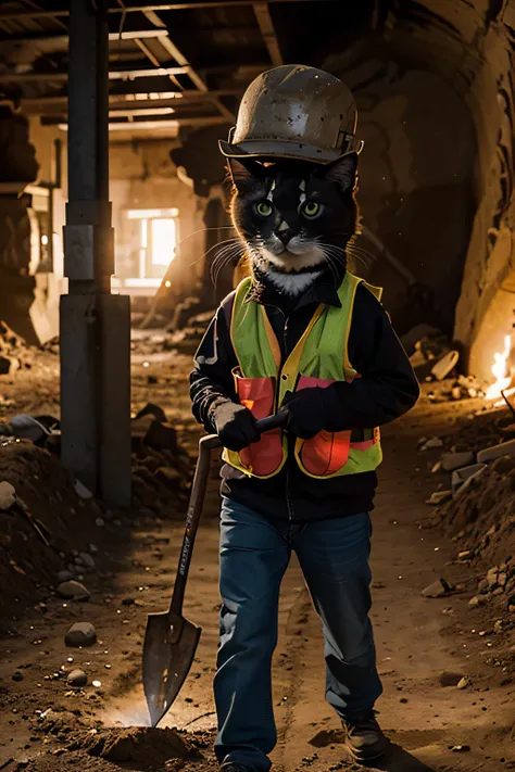  Image of an anthropomorphic cat working in mining .  The cat is wearing a mine worker's helmet ,  safety vests ,  and carries a shovel or a small ax .  The atmosphere of the mine is visible in the background with piles of stones and the characteristic dim...